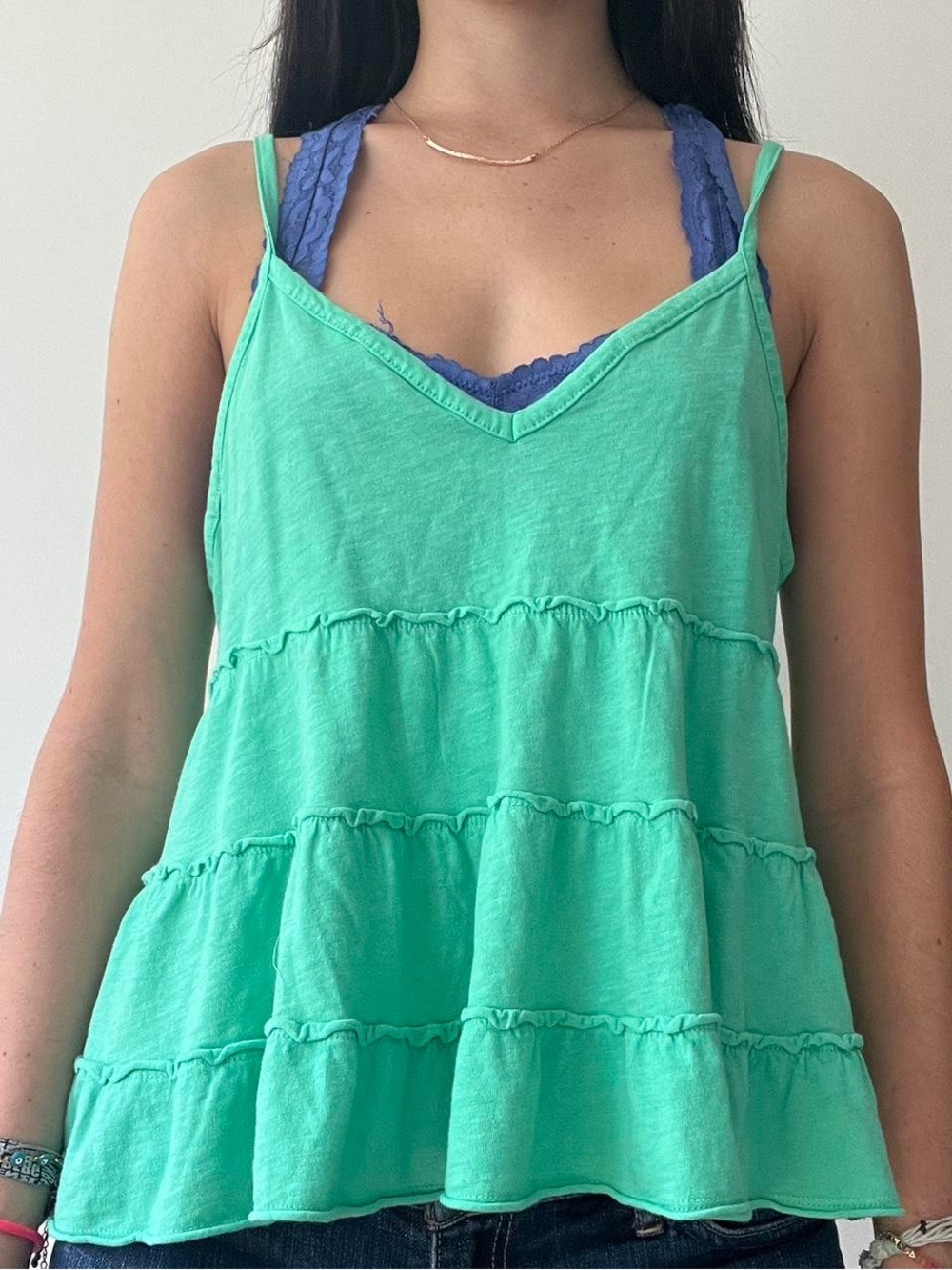 XL American Eagle Tiered V-Neck Spaghetti Strap Tank Top in Aqua Green